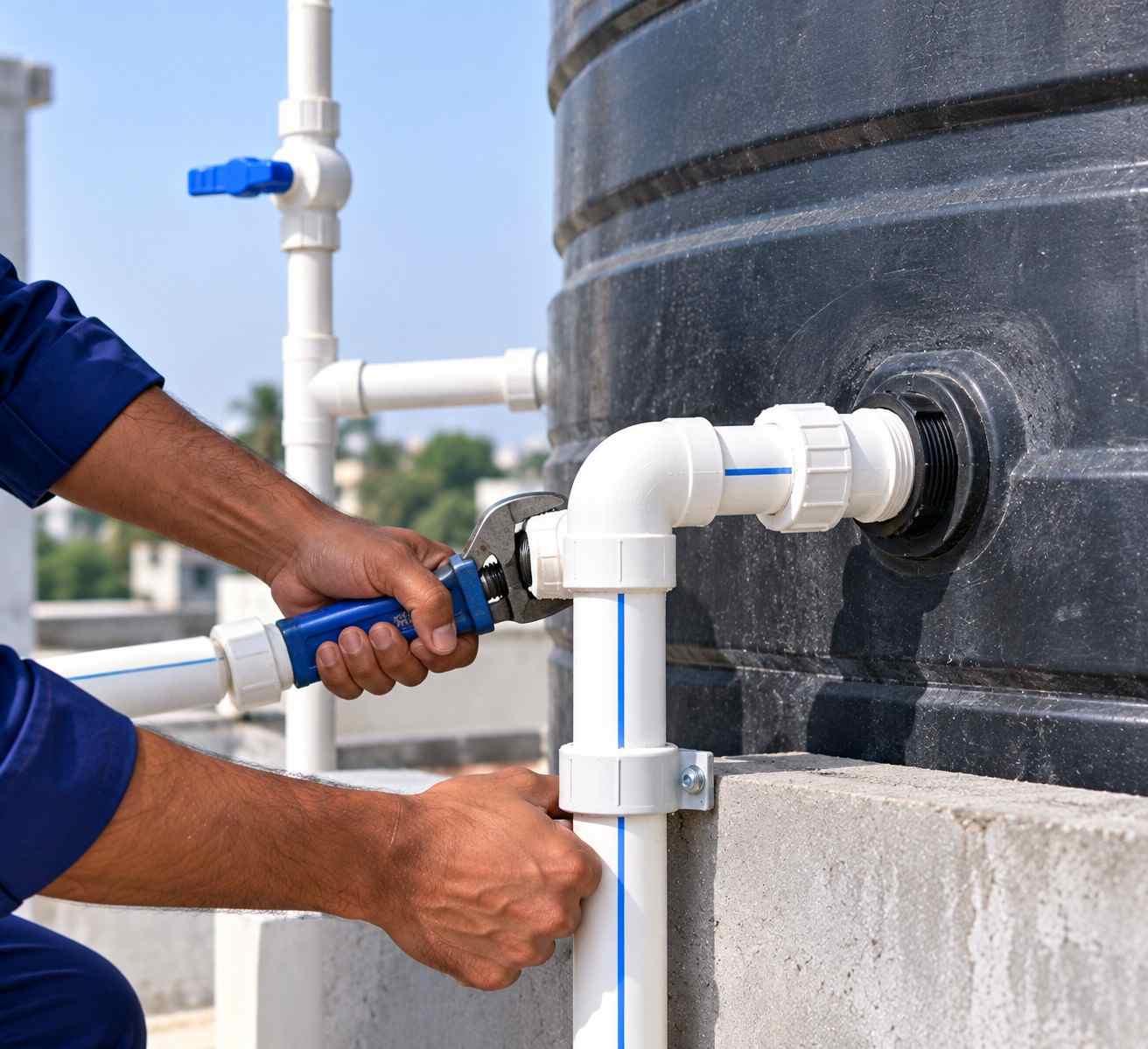 Water tank pipe connection